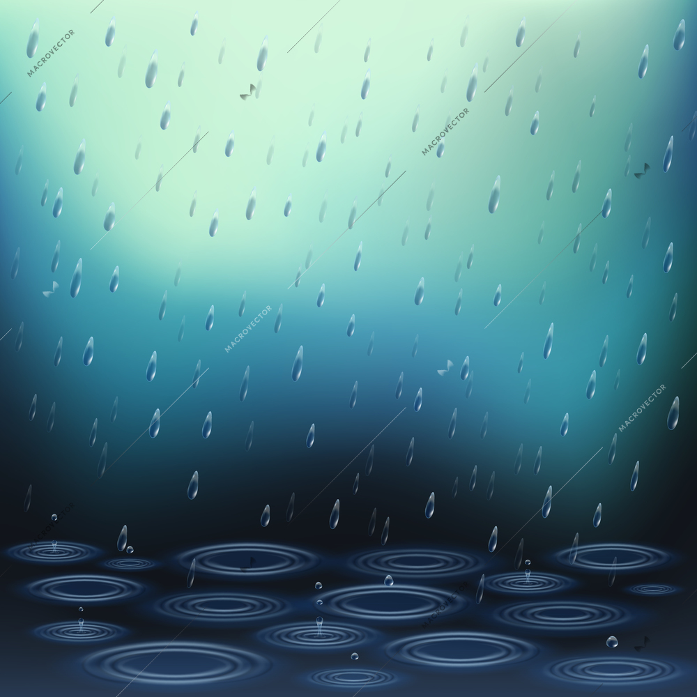 Realistic background with falling rain drops and ripples on water vector illustration