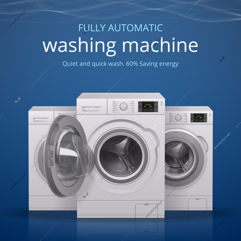 Washing machine realistic poster with quiet and quick wash symbols vector illustration