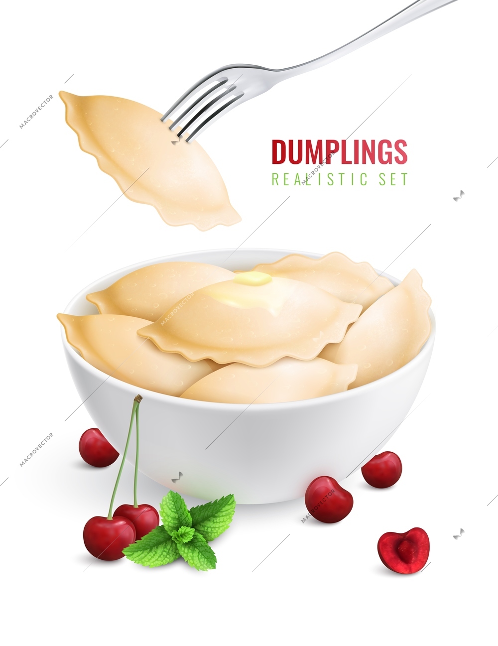 Dumplings ravioli manti colored realistic composition vareniki with cherry filling in a plate vector illustration