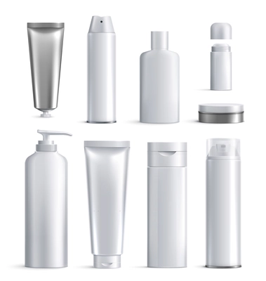 Mens cosmetics bottles realistic icon set different shapes and sizes for beauty vector illustration