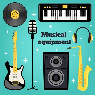 Music equipment set of guitar vinyl disk keyboard sax microphone isolated vector illustration.