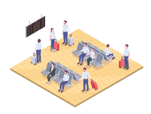 Airport isometric composition with images of passengers in lounge hall environment with arrival and departure board vector illustration