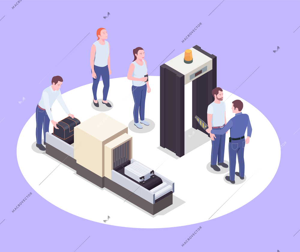 Airport isometric composition with images of scanner devices human characters of passengers and their personal belongings vector illustration