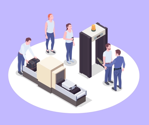 Airport isometric composition with images of scanner devices human characters of passengers and their personal belongings vector illustration