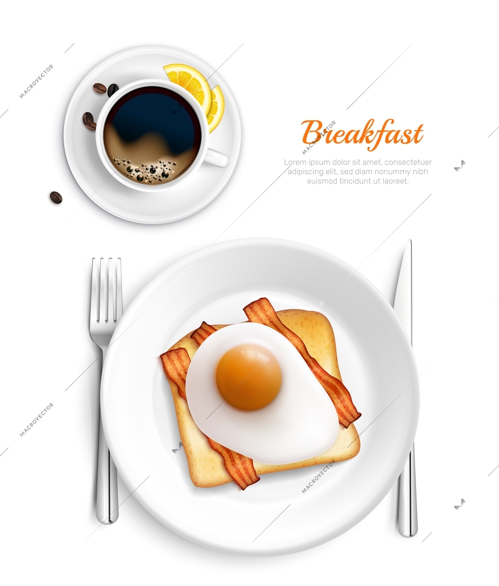 White color breakfast realistic top view composition with eggs and bacon plate vector illustration