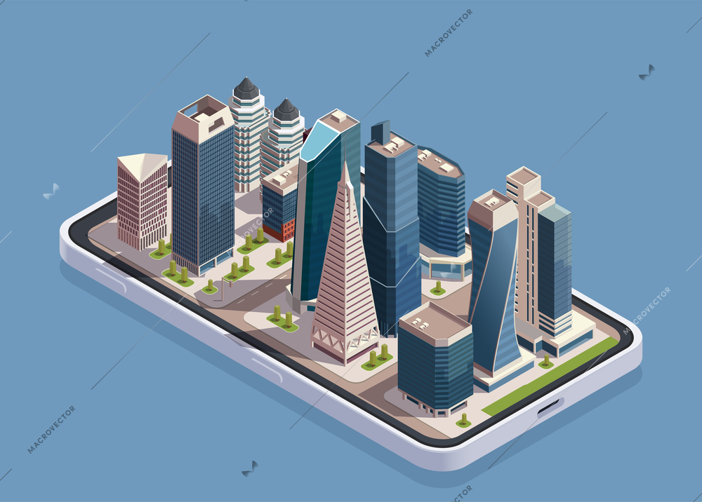 City skyscrapers isometric concept with smartphone body and block of modern buildings on top of screen vector illustration