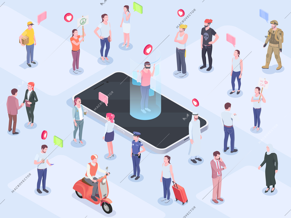 Society people isometric concept with composition of human characters emoticon pictograms thought bubble pictograms and smartphone vector illustration