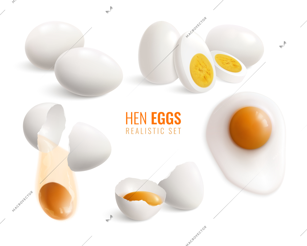 Colored isolated and realistic hen eggs icon set with different cooking methods vector illustration