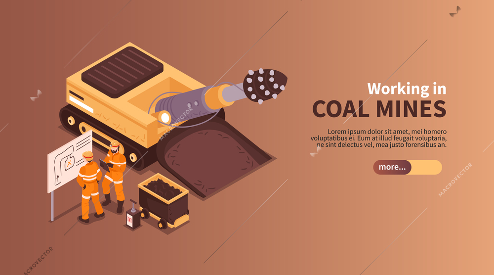 Mine isometric banner composition with slider more button editable text and human characters of coal miners vector illustration