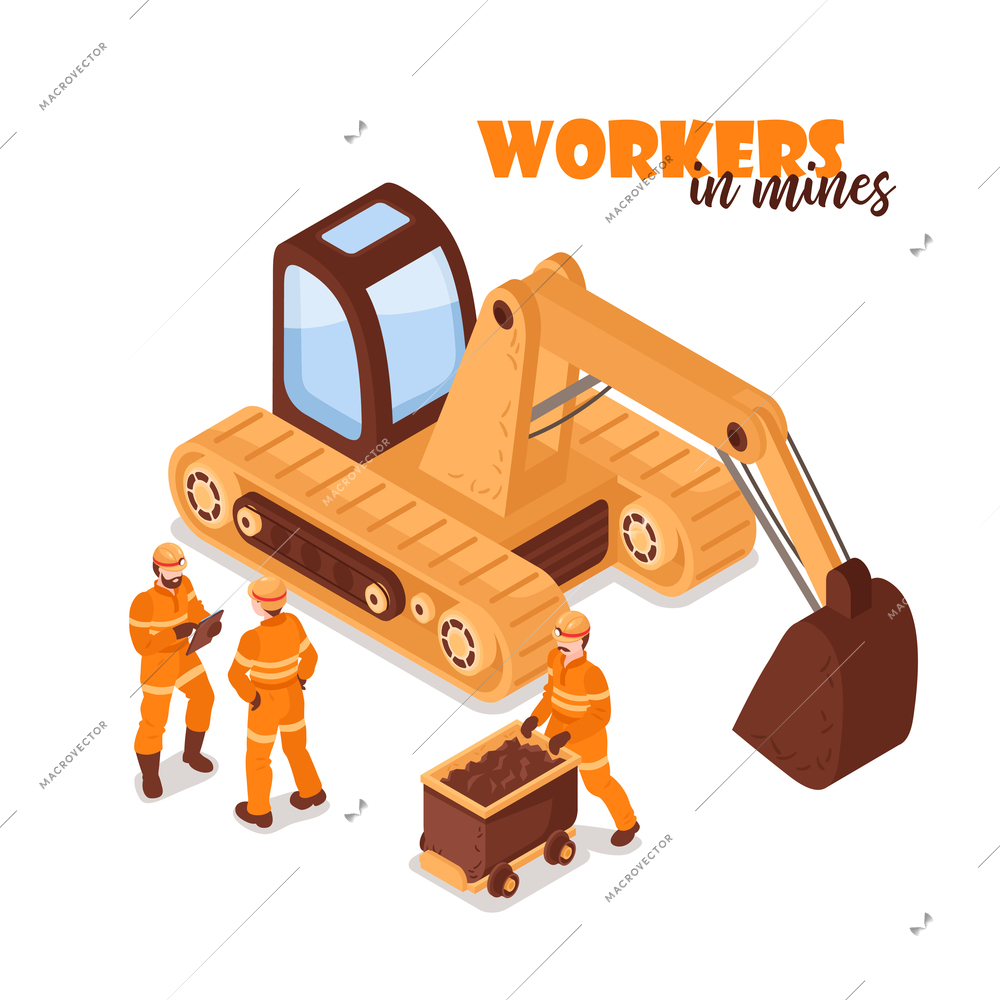 Mine isometric background with image of yellow excavator and miner characters in uniform on blank background vector illustration