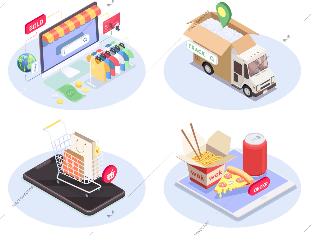 Four shopping e-commerce isometric compositions set with conceptual images of consumer electronics pictograms and goods vector illustration