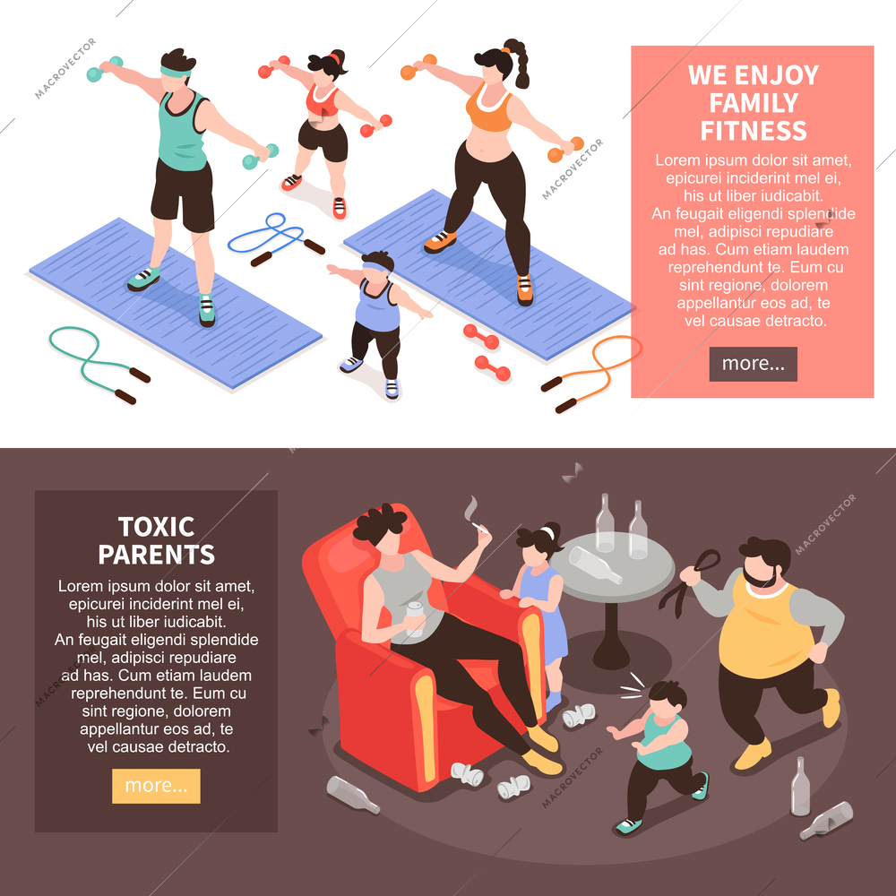 Isometric positive and negative parenting set of two horizontal banners with family fitness and toxic parents vector illustration