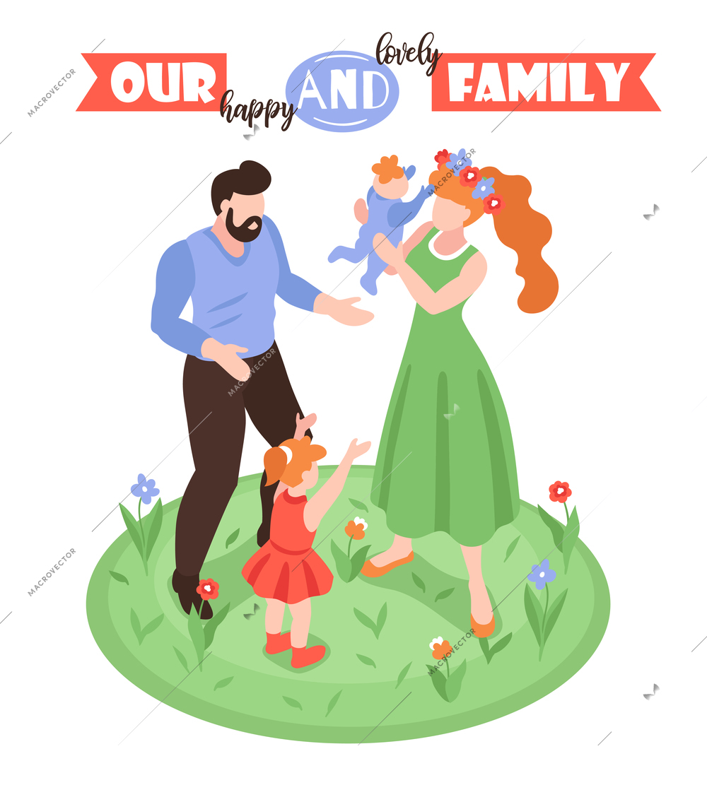 Isometric positive parenting background with faceless characters of man woman and kids on circle grass surface vector illustration