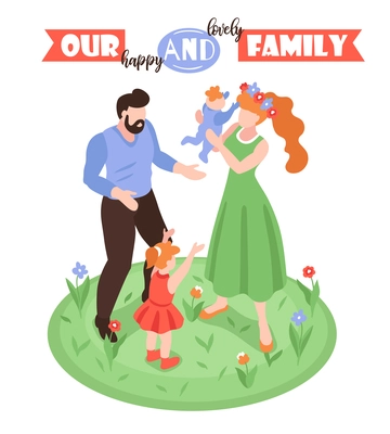 Isometric positive parenting background with faceless characters of man woman and kids on circle grass surface vector illustration