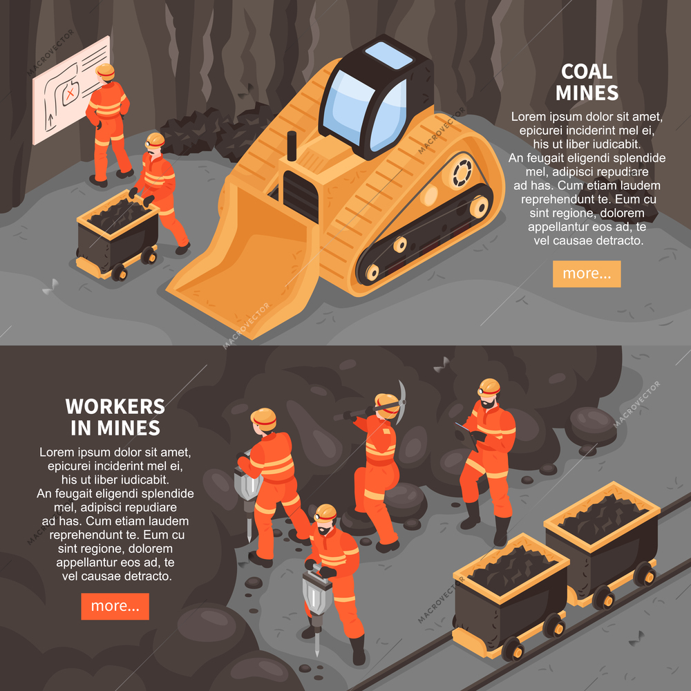 Mine set of two horizontal banners with more button editable text and images of mining machinery vector illustration