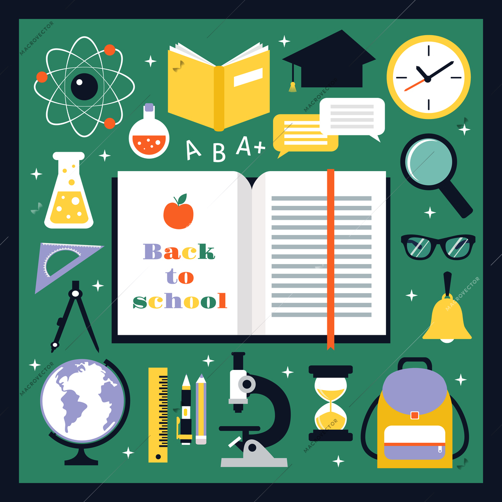 Back to school decorative icons set education elements and notepad isolated vector illustration.