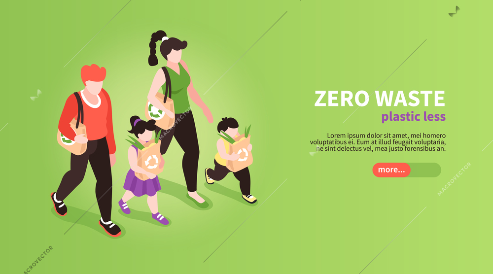 Isometric zero waste banner background with slider button editable text and human characters of family members vector illustration