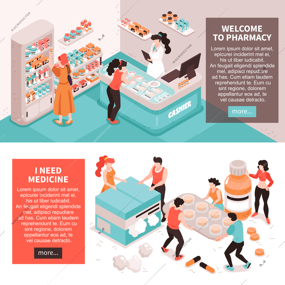 Set of two horizontal pharmacy banners with conceptual images of meds human characters with more button vector illustration