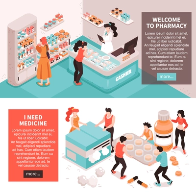 Set of two horizontal pharmacy banners with conceptual images of meds human characters with more button vector illustration