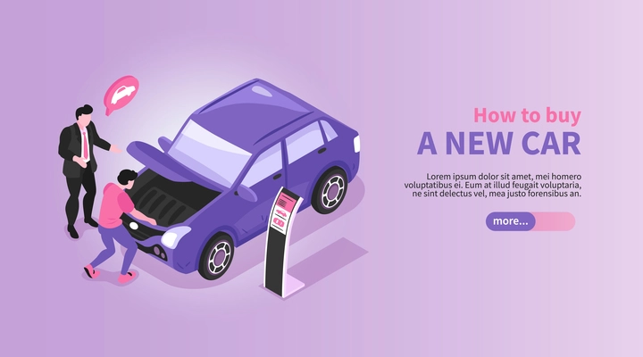 Isometric car showroom horizontal banner with automobile store manager and buyer characters with car and text vector illustration