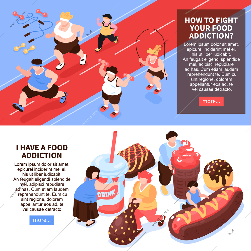 Set of two horizontal isometric overeating gluttony composition with images of people doing sports eating food vector illustration