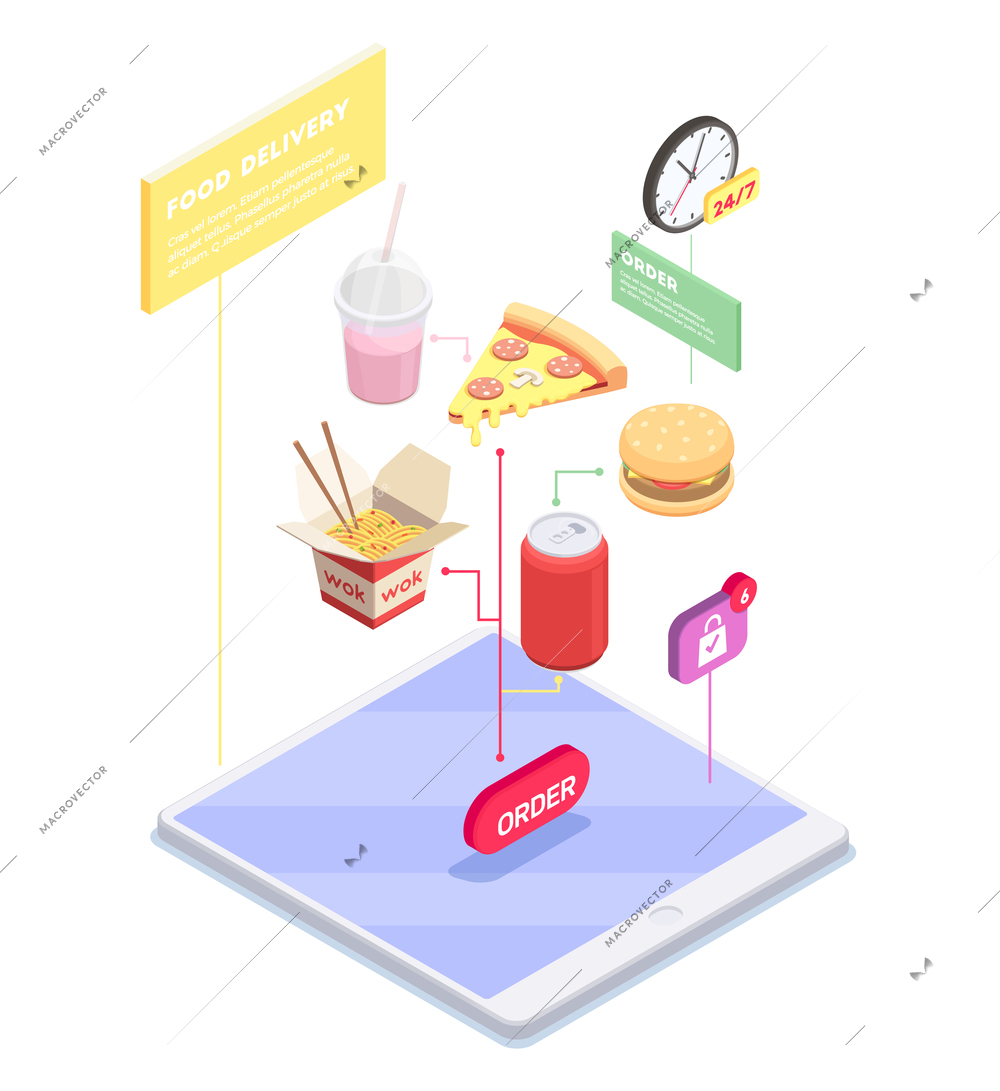 Shopping e-commerce isometric composition with conceptual view of tablet with items and editable text captions vector illustration