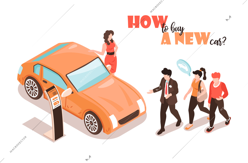 Isometric car showroom background with images of automobile exhibition booth with female model manager and people vector illustration