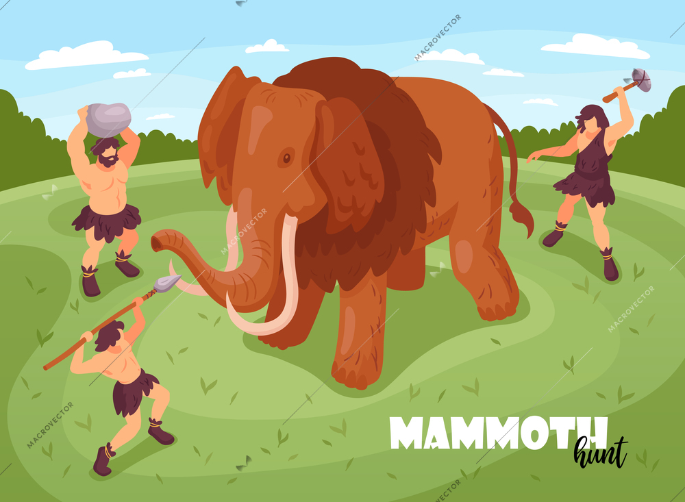 Isometric primitive people caveman hunting background composition with text and images of mammoth and ancient folks vector illustration