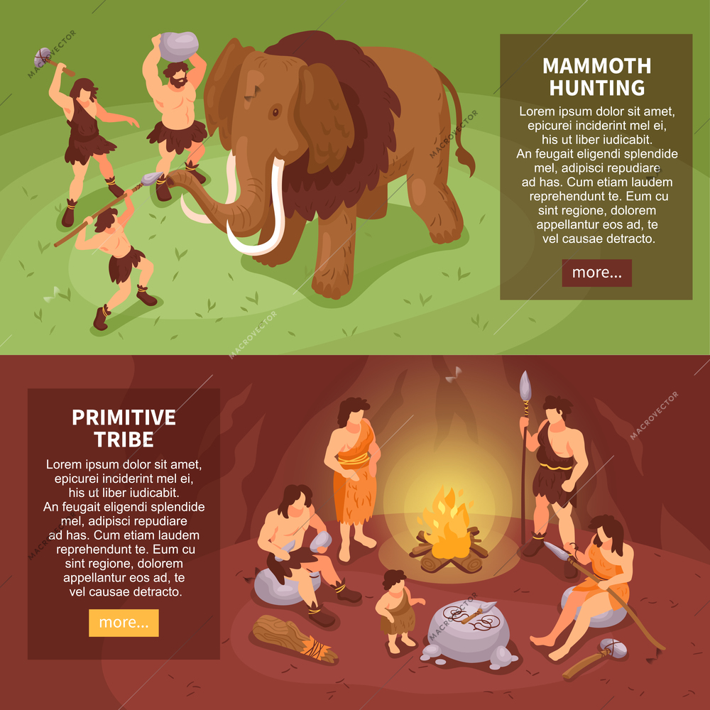 Isometric primitive people caveman set of two horizontal banners with more button text and human characters vector illustration