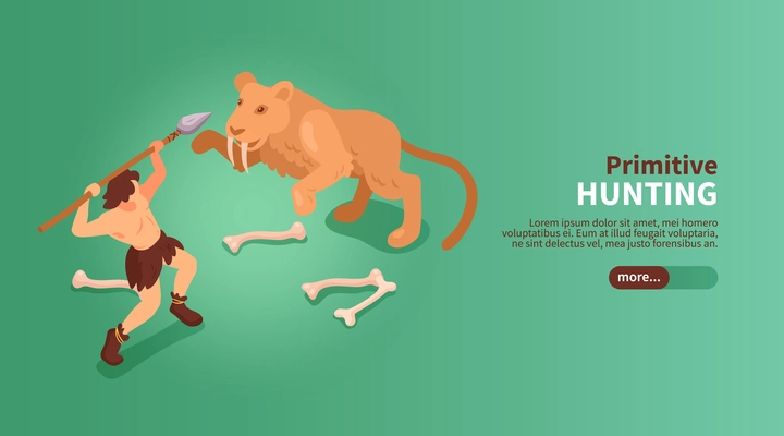 Isometric primitive people caveman banner with text slider button images of human and sabre toothed tiger vector illustration
