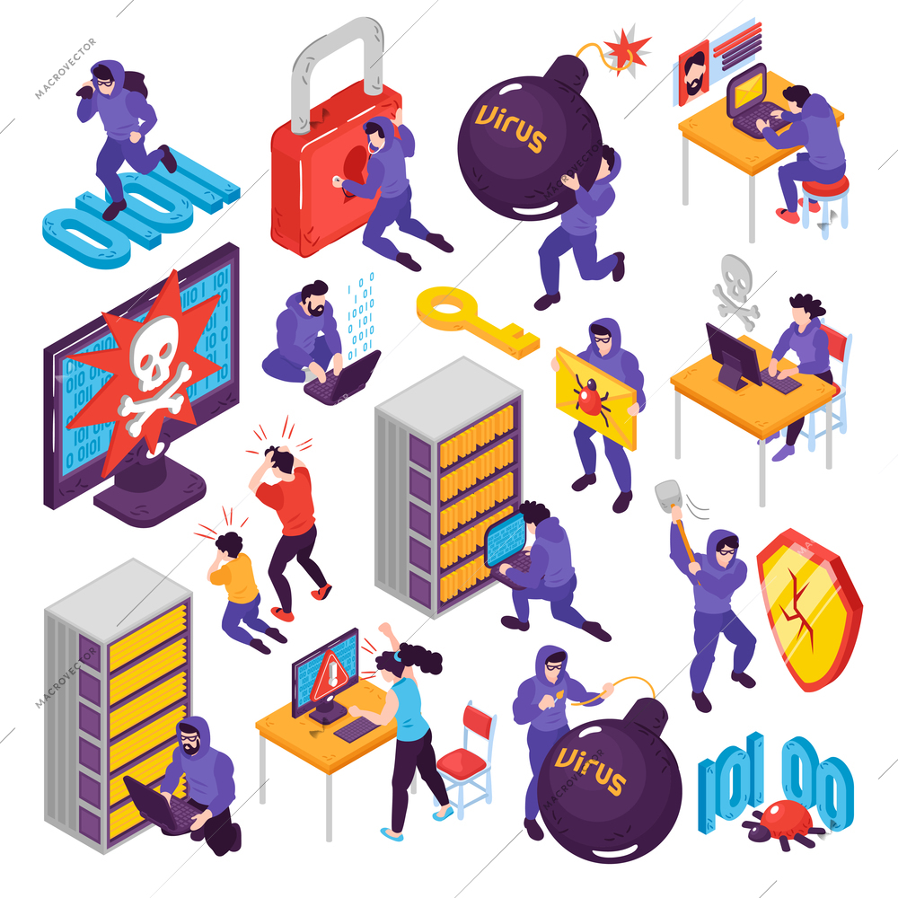 Isometric hacker set with isolated conceptual images with pictogram icons images of computer peripherals and people vector illustration