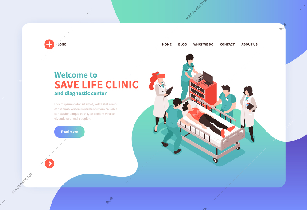 Isometric hospital concept banner web site page design with images of medical personnel links and text vector illustration