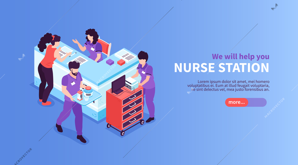 Isometric hospital horizontal banner with editable text slider button and view of reception area with stands vector illustration