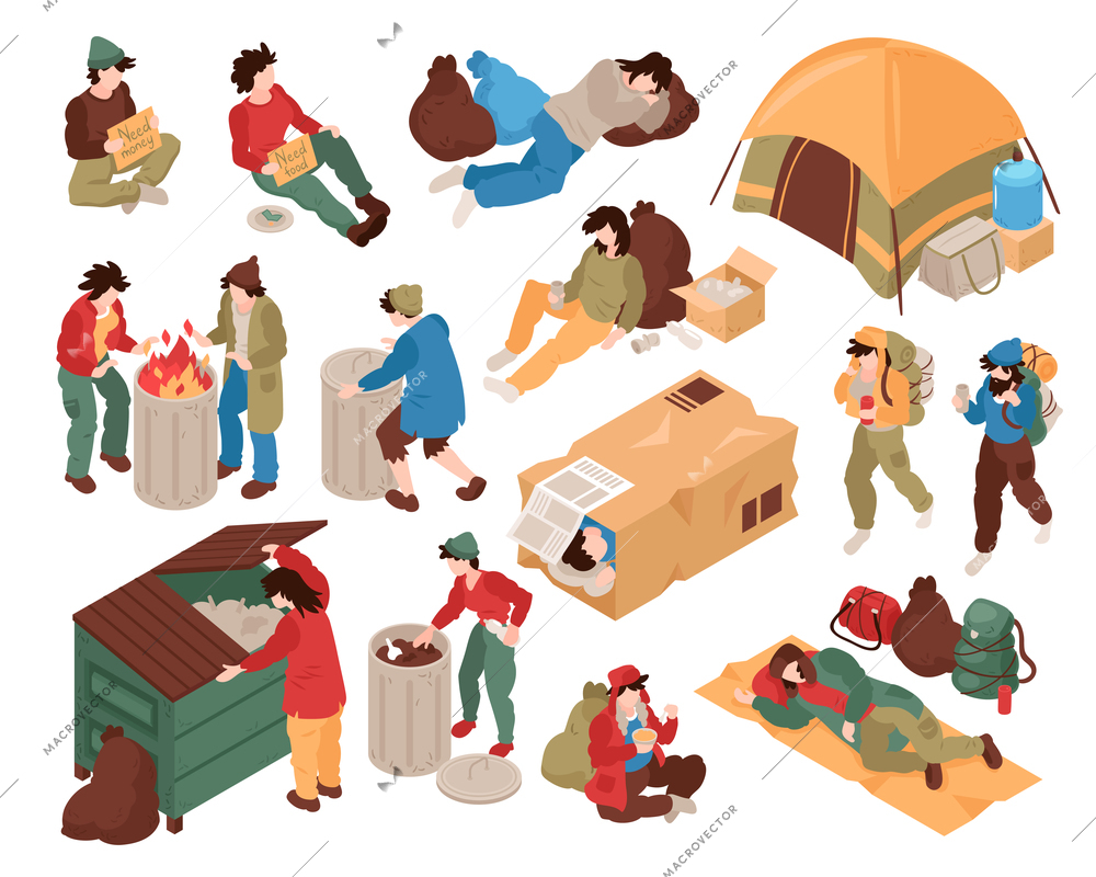 Set with isolated images of homeless people human characters and various related objects on blank background vector illustration