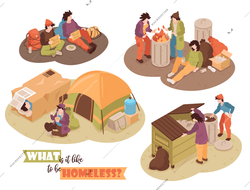 Isometric homeless people design concept with human characters waste bins and camp tents images with text vector illustration