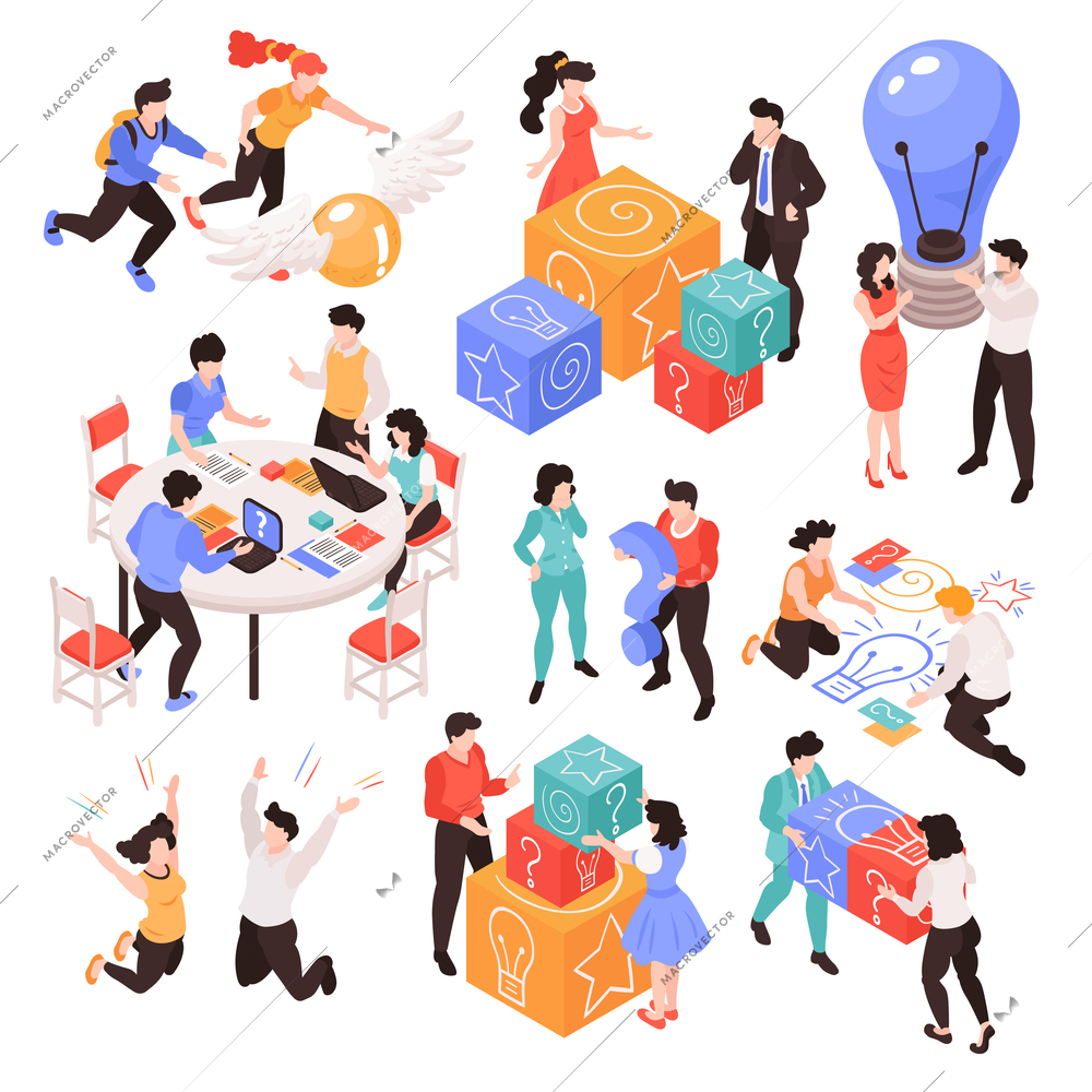 Set of isolated images with isometric teamwork brainstorming creative process situations with human characters and various items vector illustration