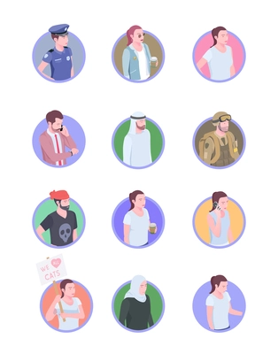 Set of twelve isolated society people isometric icons avatars with doodle human characters on blank background vector illustration