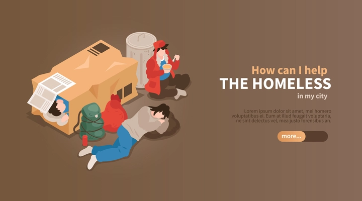 Isometric homeless people horizontal banner with view of people among cardboard boxes and waste with text vector illustration