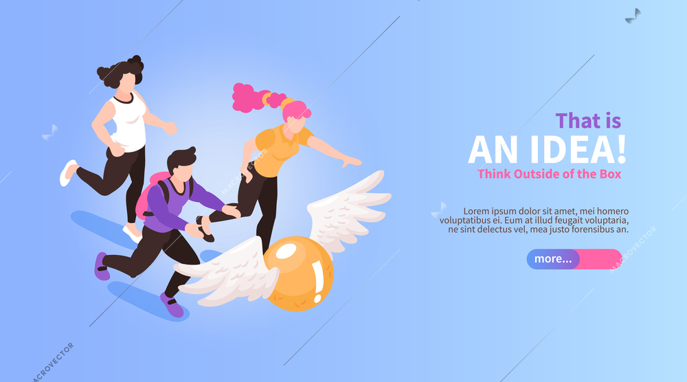 Isometric teamwork brainstorming horizontal banner with people running for flying ball conceptual images text and button vector illustration