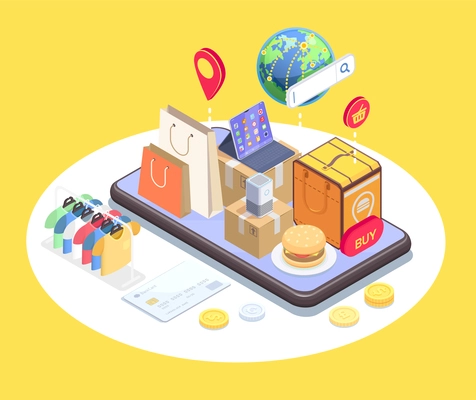 Shopping e-commerce isometric composition with conceptual image of smartphone and items on top of touchscreen vector illustration