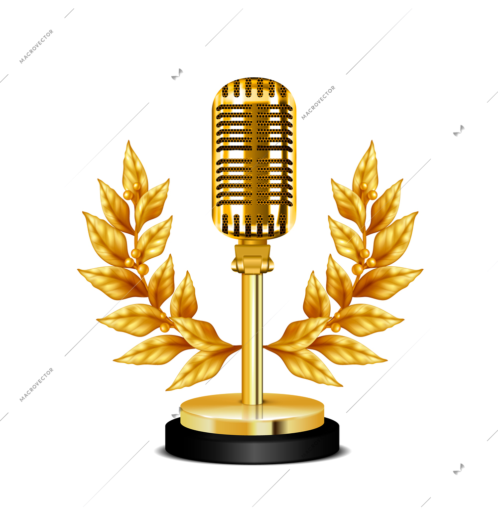 Gold vintage award desktop microphone decorated with wreath on white background realistic vector illustration