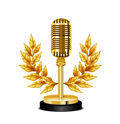 Gold vintage award desktop microphone decorated with wreath on white background realistic vector illustration
