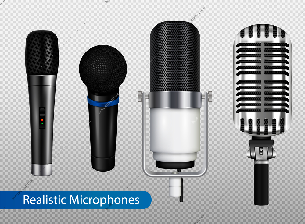 Music studio equipment transparent set with different kinds of professional microphones in realistic style vector illustration