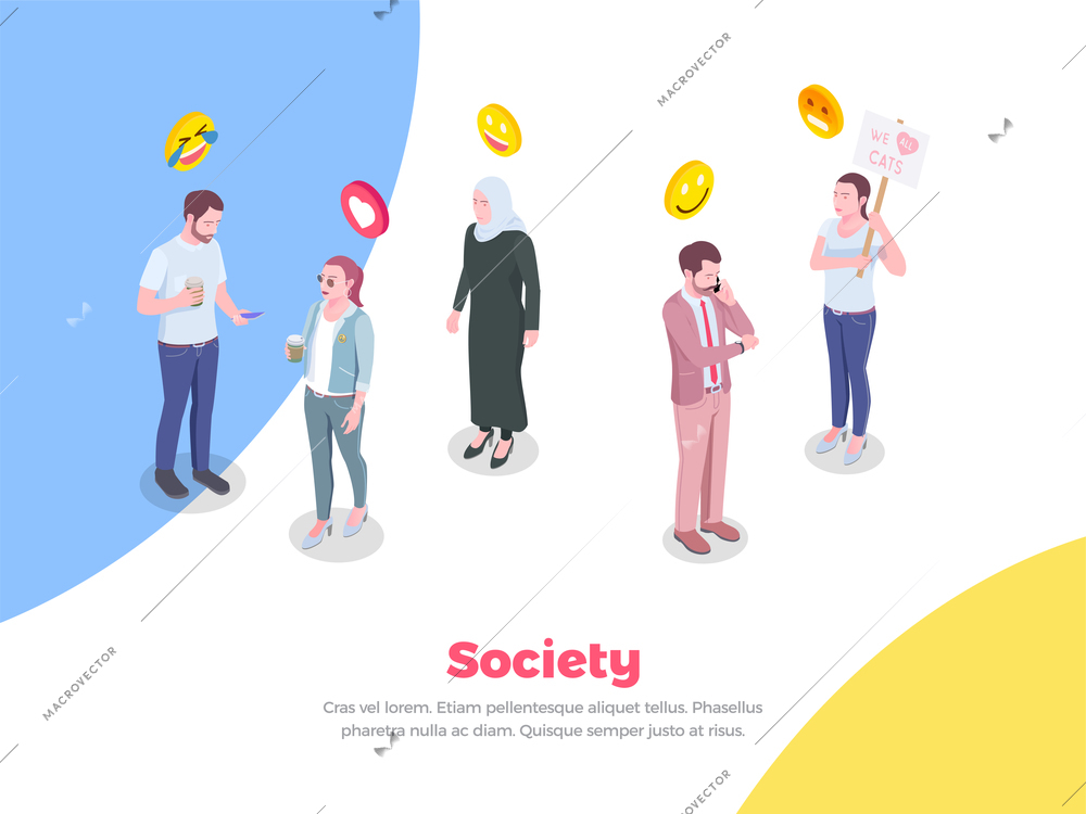 Society people isometric background with doodle style human characters and emoji smiles emoticons with editable text vector illustration