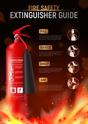 Fire extinguisher vertical poster with big image of fire-fighter flame and editable text with pictograms vector illustration