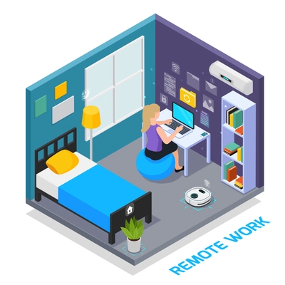 Virtual augmented reality 360 degree isometric composition with view of domestic bedroom interior with electronic devices vector illustration