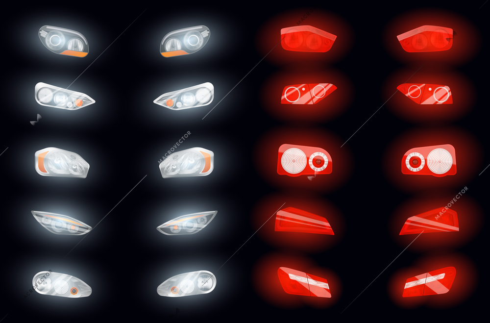 Set of ten realistic auto headlights and ten glowing brake lights isolated images on dark background vector illustration