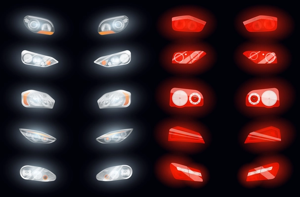 Set of ten realistic auto headlights and ten glowing brake lights isolated images on dark background vector illustration