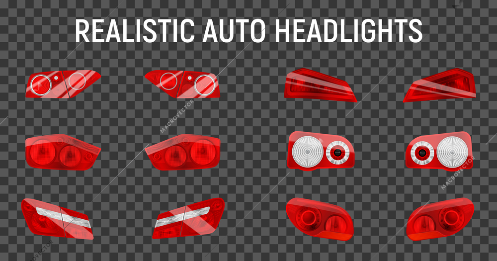 Realistic auto back stop headlights set with twelve isolated brake and marker lights on transparent background vector illustration