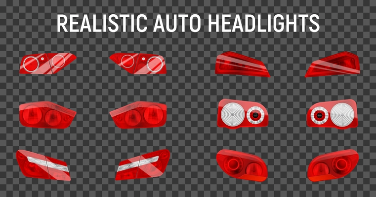 Realistic auto back stop headlights set with twelve isolated brake and marker lights on transparent background vector illustration